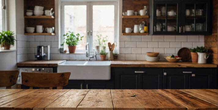 Wooden surface with blurred kitchen wallpaper