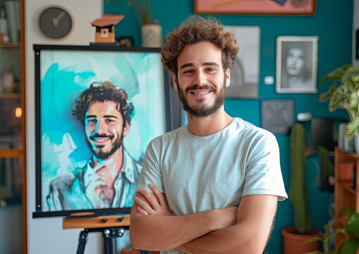 Self-Portrait Artist in Front of Their Work.
Artist Beside Their Self Portrait.