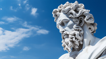 Statue of Zeus in White Marble - Classical Greek Sculpture of a Greek God on Sky Blue Background