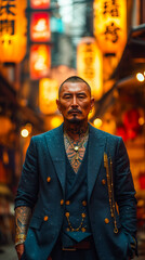 Fototapeta premium A Mature Japanese Gangster in Traditional Attire. Yakuza Portrait