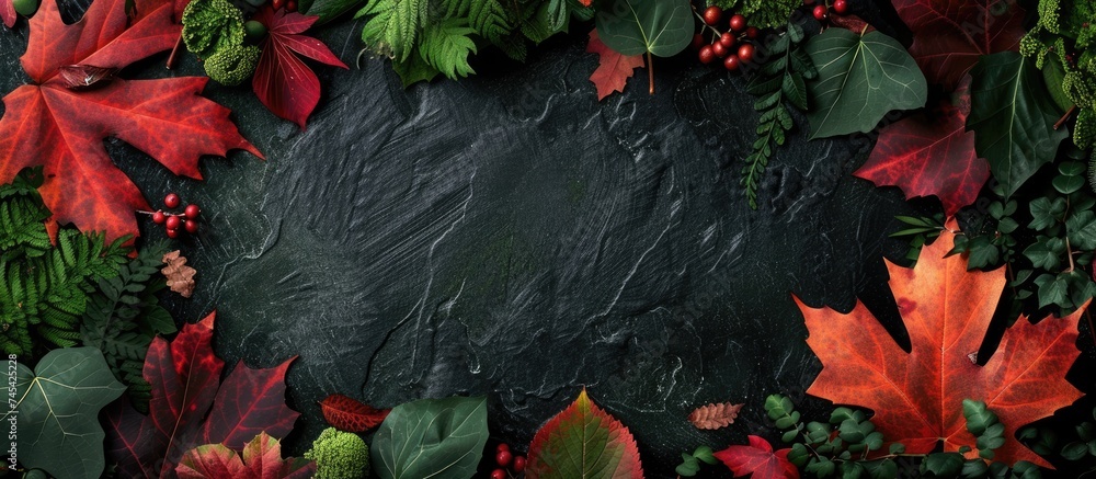 Aufkleber this striking image features vibrant red and green maple leaves set against a deep black background,