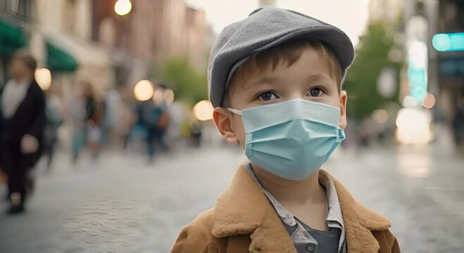 Close-up of cute little boy wearing mask and hat on pedestrian sidewalk in urban area.