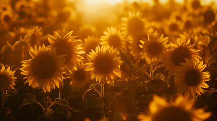 Campo de girassóis sob a luz dourada do sol poente capturado em uma ampla imagem com lente de 50mm