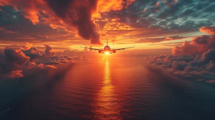 Zelfklevend Fotobehang Sunset Flight, Airplane Sunrise, Glowing Skyline, Flight Over Ocean. © Wall