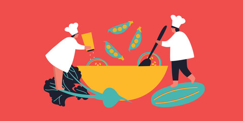 Tiny People cooking on kitchen. Vector flat illustration. Collection of various cartoon man, woman preparing food.