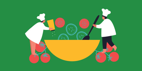 Obraz na płótnie Canvas Tiny People cooking on kitchen. Vector flat illustration. Collection of various cartoon man, woman preparing food.