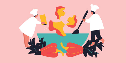 Tiny People cooking on kitchen. Vector flat illustration. Collection of various cartoon man, woman preparing food.