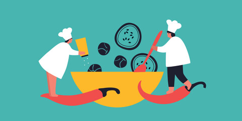 Tiny People cooking on kitchen. Vector flat illustration. Collection of various cartoon man, woman preparing food.