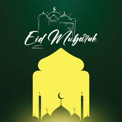 Hand drawn Eid mubarak greeting card and eid ul-fitr social media banner post calligraphy template illustration