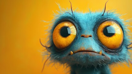 Yellow Wall with Blue Alien Eye, Alien Face with Yellow Eyes and Mouth, Blue Monster Staring at the Camera, Angry Blue Creature with Yellow Eyes.