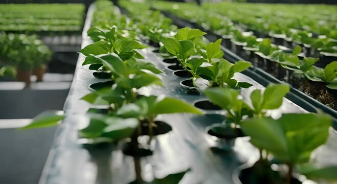 Hydroponic plants. Herbal plantations with irrigation systems. Hydroponic technology