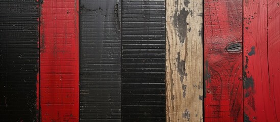 This close-up view showcases a red and black wall with bold stripes and a grungy textured paint finish. The colors contrast sharply, creating a striking visual impact. - obrazy, fototapety, plakaty