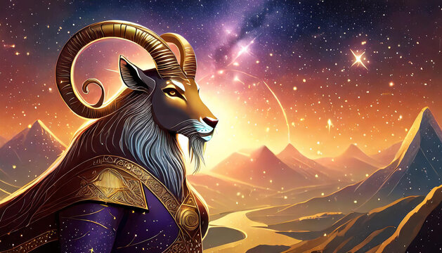Capricorn zodiac sign astrological background. The goat horned horoscope sign. Astrology theme. High quality illustration.