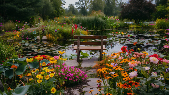 Um belo jardim flores coloridas banco de madeira e lago com ninfeias capturado em ampla perspectiva