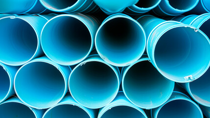 Close up of a stack of Industrial PVC blue pipes. Plastic water pipes at warehouse.