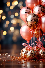 festive background with pink and gold balloons, serpentine and confetti.