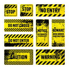 Various yellow grunge warning signs with diagonal lines. Old attention, danger or caution sign, construction site signage. Realistic notice signboard, warning banner, road shield. Vector illustration