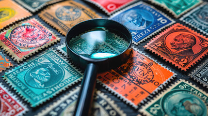 Stamp Collector's Dream: With Magnifying Glass - obrazy, fototapety, plakaty