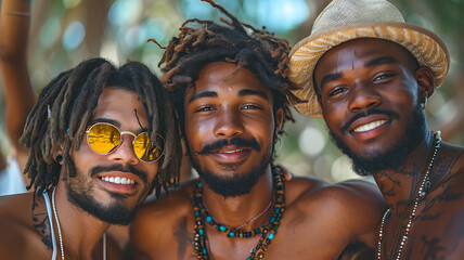 portrait of multicultural friends in summer - obrazy, fototapety, plakaty