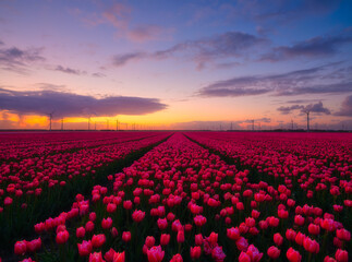 Netherlands. A field of tulips during sunset. Rows on the field. Landscape with flowers during sunset. Photo for wallpaper and background. - 745426856