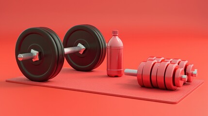 A colorful background showcases fitness equipment including an exercise mat, weights, and a water...