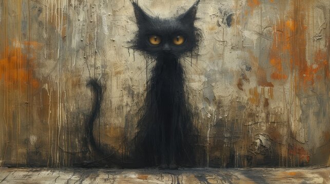 Eerie Black Cat, Mysterious Feline Artwork, Sinister Kitty Painting, Dark and Haunting Cat Portrait.