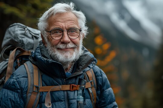 Joyful senior trekker with backpack enjoying nature