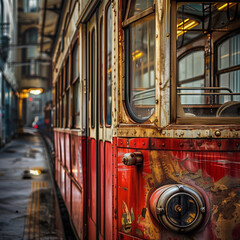 Obraz premium Vintage Tram on a City Street in Misty Weather