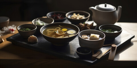 Obraz na płótnie Canvas Japanese soup on wood table