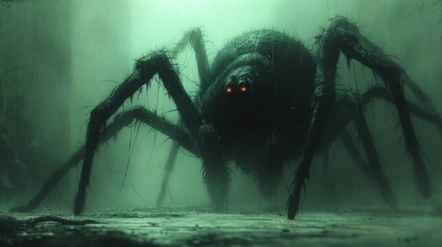  a giant spider in the middle of a foggy forest with its eyes glowing in the center of it's legs, with a glowing red - eyed face in the center of the center of its legs.