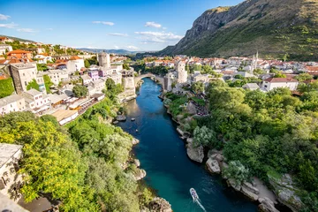 Fotobehang Stari Most Scenic View of Stari Most Bridge in Mostar, Bosnia and Herzegovina
