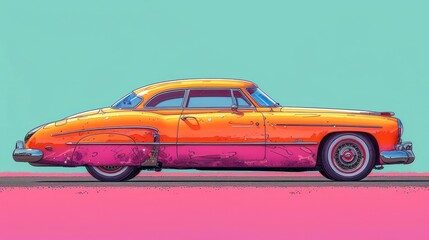  a painting of an orange and pink car on a pink and blue background with a blue sky in the background and a pink and blue sky in the foreground.