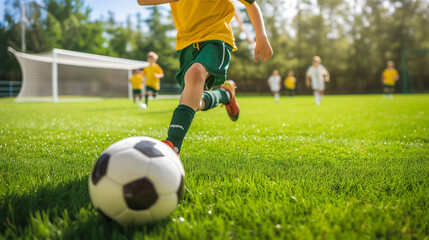 Obraz premium A boy enthusiastically prepares to score a goal for his soccer team.