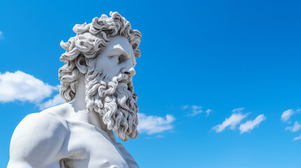 Statue of Zeus in White Marble - Classical Greek Sculpture of a Greek God on Sky Blue Background