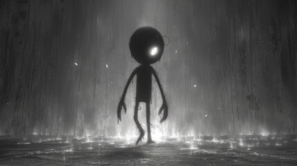 Obraz premium a black and white photo of a person standing in a dark room with a light on their head and a flashlight shining in the middle of the darkness above them.