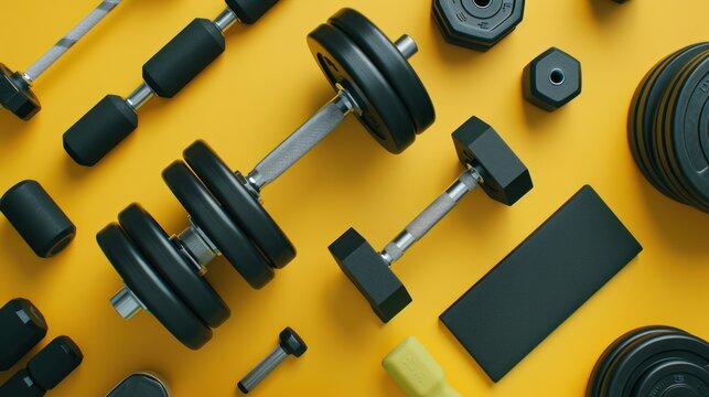 A top-down, flat lay studio photograph showcases gym accessories against a yellow background in a close-up shot