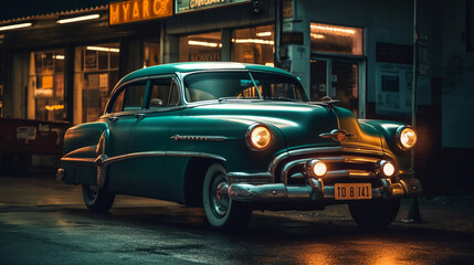 Classic Car Taxi Service: Speeding Through Urban Streets in Vintage Vehicles for Fast City Travel and Retro Motion on Yellow Wheels, generative AI