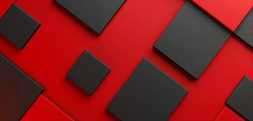 Red and black cubes in a floating abstract geometric pattern.