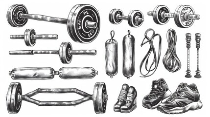 A compilation of freehand sketches depicting fitness accessories and sports equipment against a white background - obrazy, fototapety, plakaty