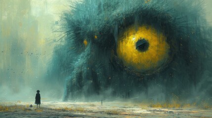  a painting of a man standing in front of a giant yellow object in the middle of a field with a man standing in front of a huge yellow object in front of it. - obrazy, fototapety, plakaty