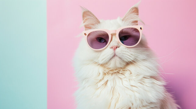 Close portrait of white furry cat in fashion sunglasses. Generative Ai