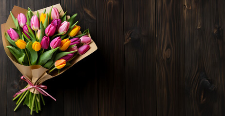 Colorful mixed tulips wrapped in brown paper on rustic wooden background - 745428022