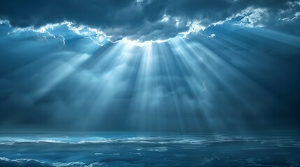 a mystical and serene ocean scene, the sun's rays breaking through the dark clouds creating a dramatic effect. Rays of light illuminate parts of the calm sea surface