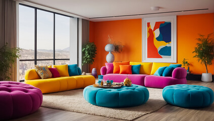 Modern living room with sofa and colored poufs comfort