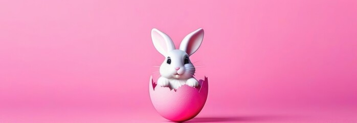 Fototapeta premium Happy Easter banner with cute Easter bunny hatching from pink Easter egg on pastel pink background. Illustration of Easter rabbit sitting in cracked eggshell. Happy Easter greeting card. Copy space.