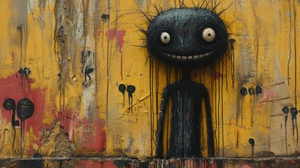  a painting of a creepy face on the side of a building with paint splatters all over it and a splattered face on the side of the wall.