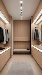 A modernly designed dressing room with light wood interiors.