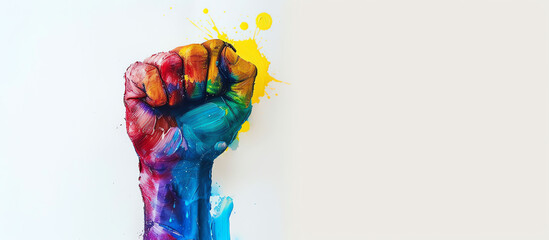 Fist of a man painted in the colors of the rainbow on a white background