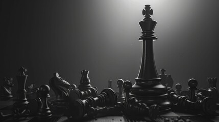 A chess king, symbolizing strategy, leadership, and victory, stands tall among fallen opponents. - obrazy, fototapety, plakaty