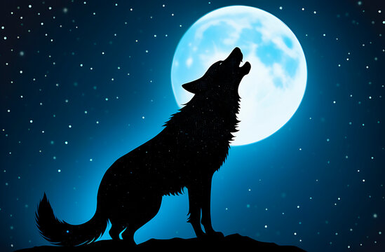 A drawing of a wolf howling at the moon against the background of the starry sky.
